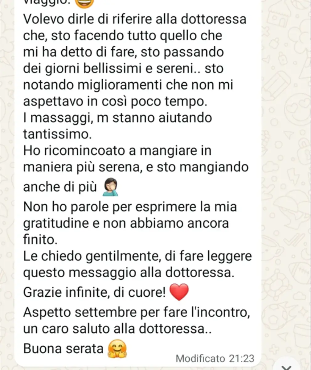 Testimonianza di una donna che ritrova serenità, appetito e benessere grazie ai massaggi e al percorso psicologico del metodo Prosperi.