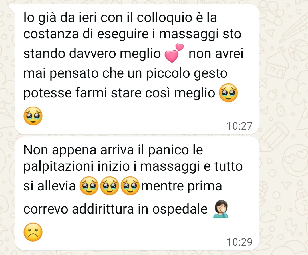 Testimonianza di una cliente che racconta come, con il metodo Prosperi e i massaggi insegnati, ha alleviato ansia e panico senza ricorrere all’ospedale.