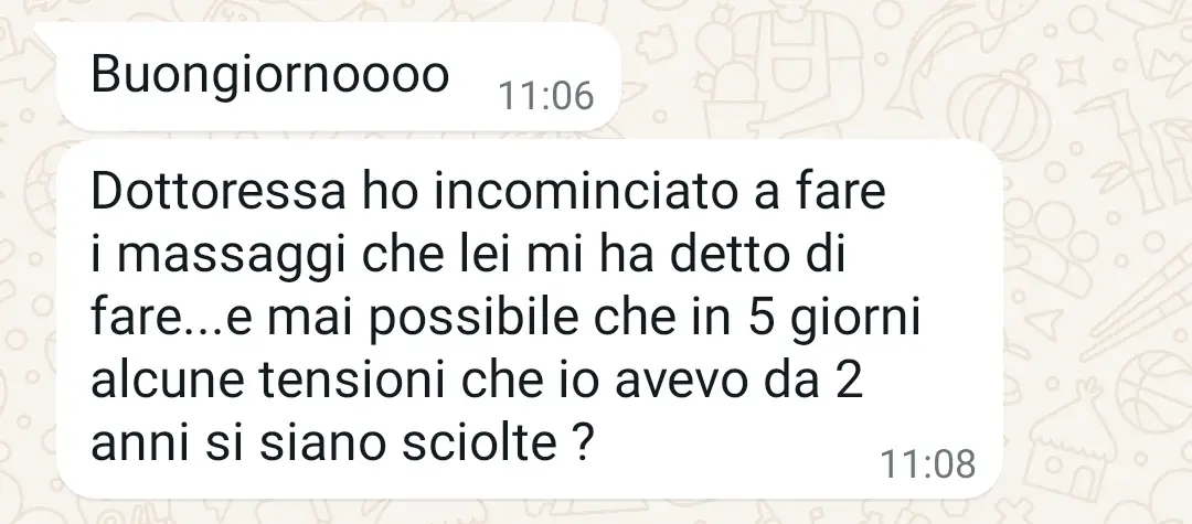 Testimonianza di una donna che racconta come, seguendo i consigli della Dott.ssa Simona Prosperi, sia riuscita in soli cinque giorni ad alleviare tensioni fisiche presenti da anni, trovando sollievo e benessere.